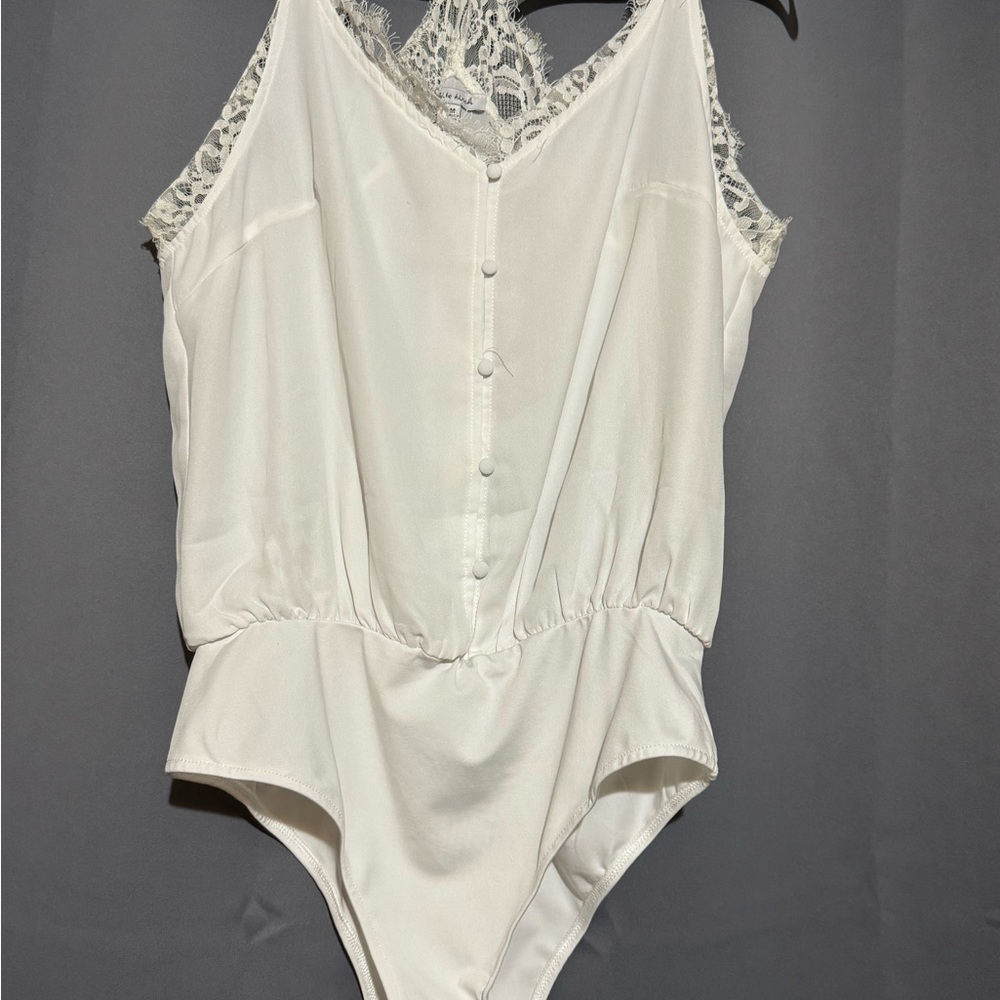 White Birch Women's Lace Trim Bodysuit - White